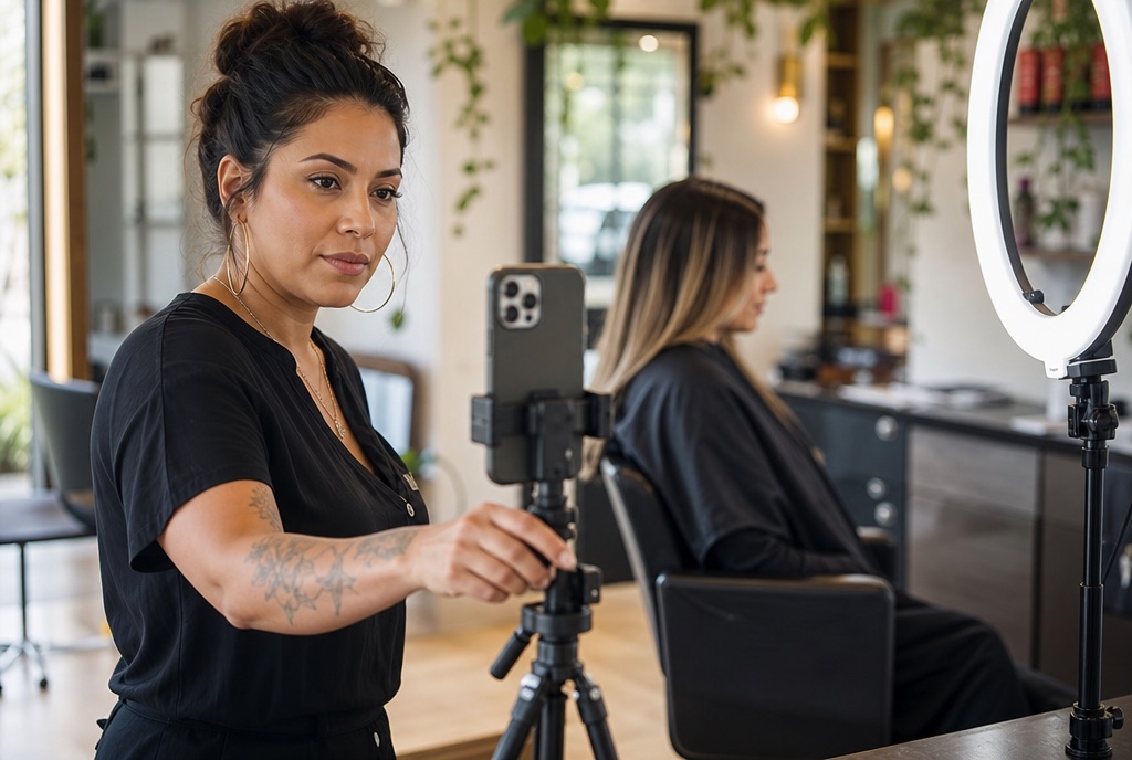 A salon owner filming a short video of her work