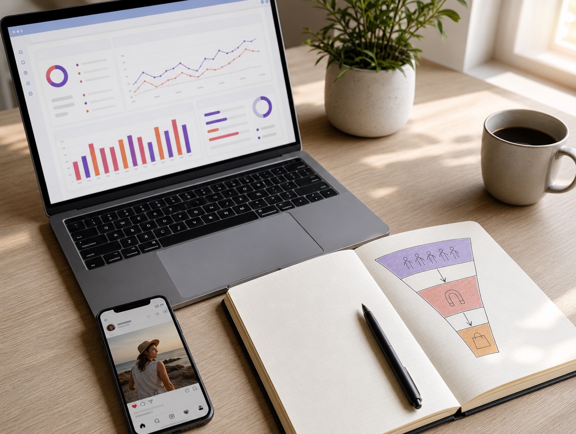 Illustration: planning a Facebook and Instagram ad campaign, with an ads dashboard and a hand-drawn sales funnel