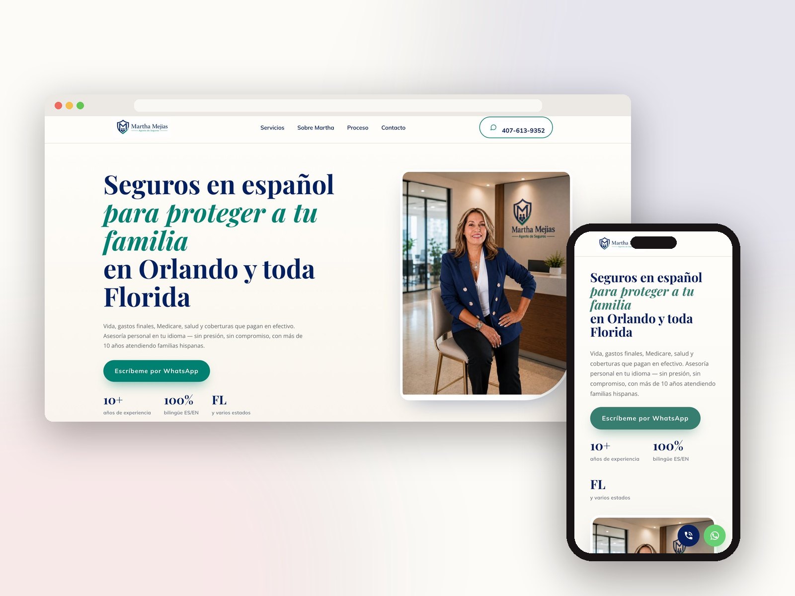 The Martha Mejias insurance website, built by Flowfy AI, shown on desktop and on a phone