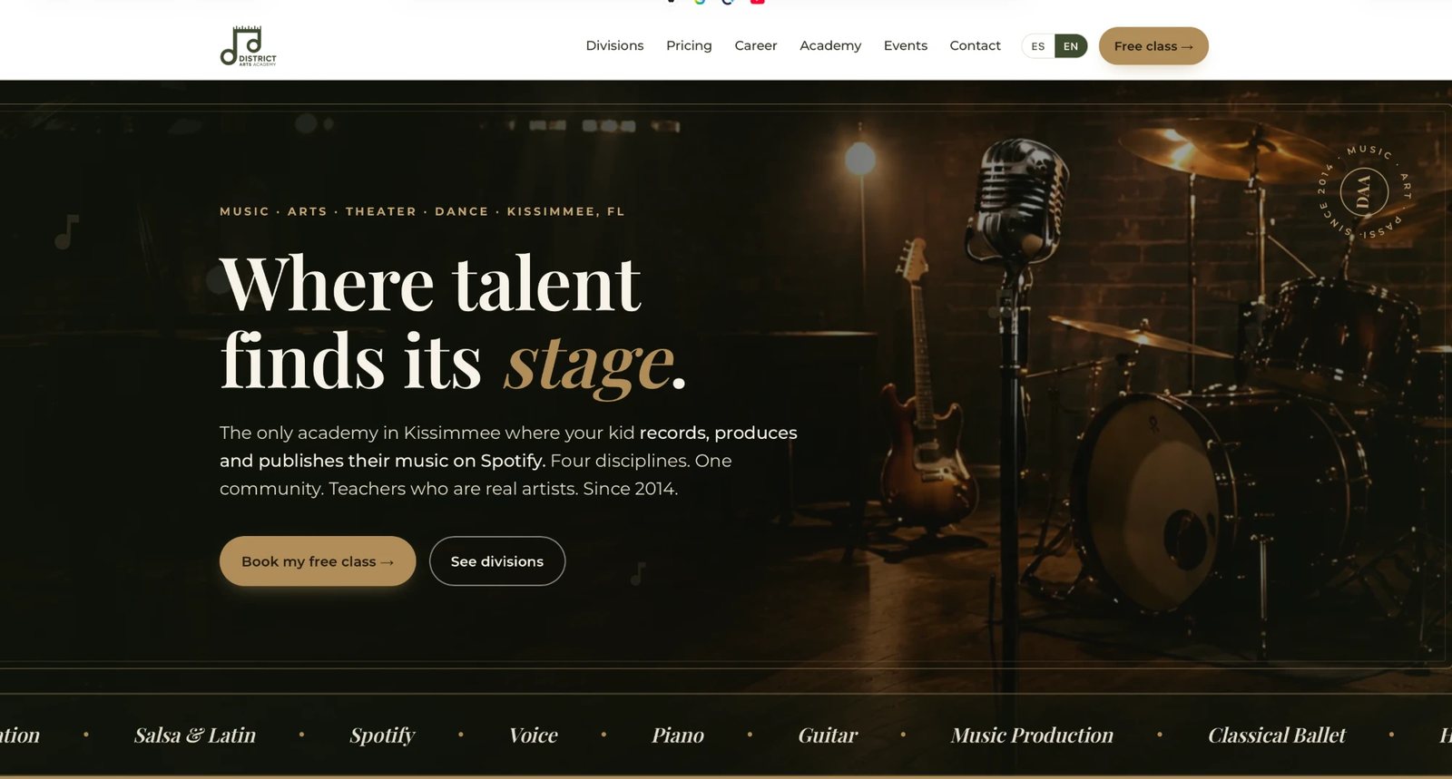 Home page of the District Arts Academy website, built by Flowfy AI