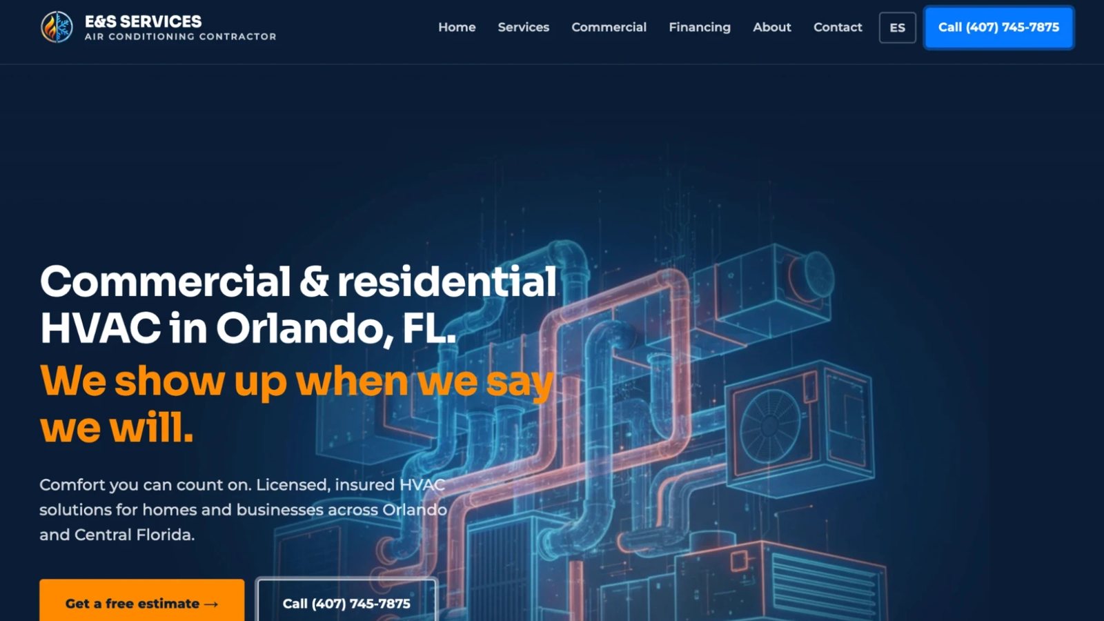Home page of the E&S Services HVAC website, built by Flowfy AI