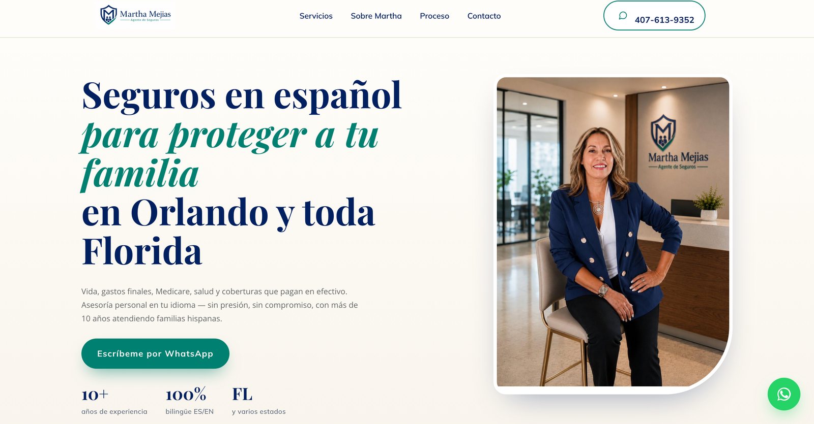 Home page of the Martha Mejias insurance agent website, built by Flowfy AI