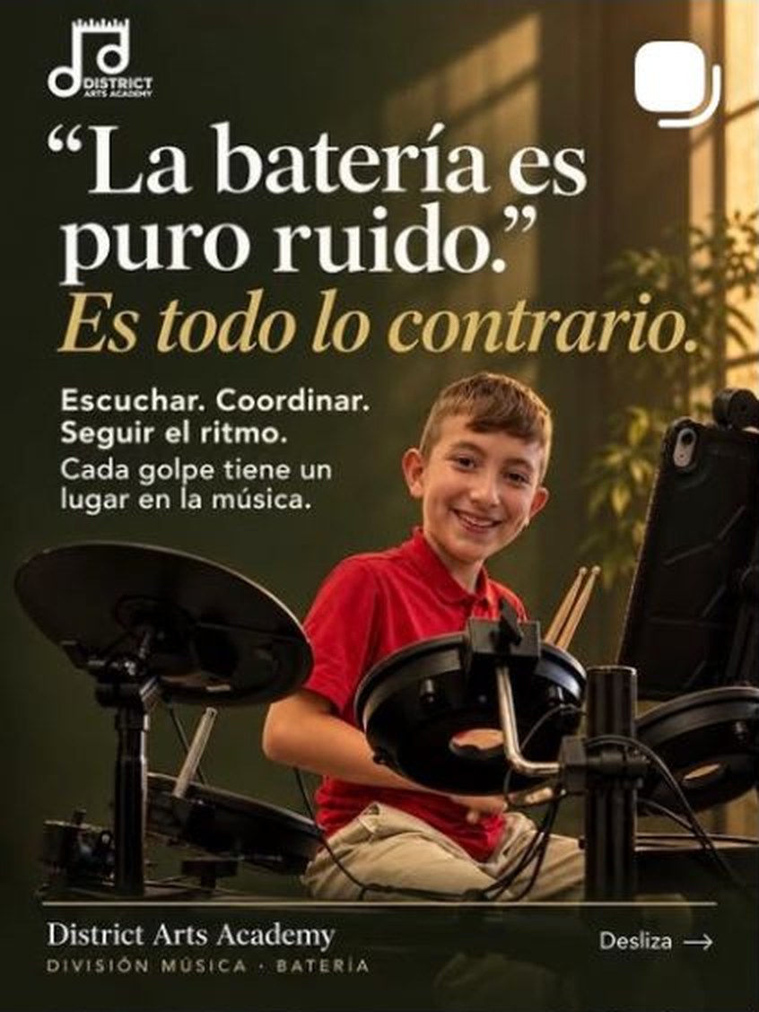 Instagram post for District Arts Academy answering the belief that drums are just noise