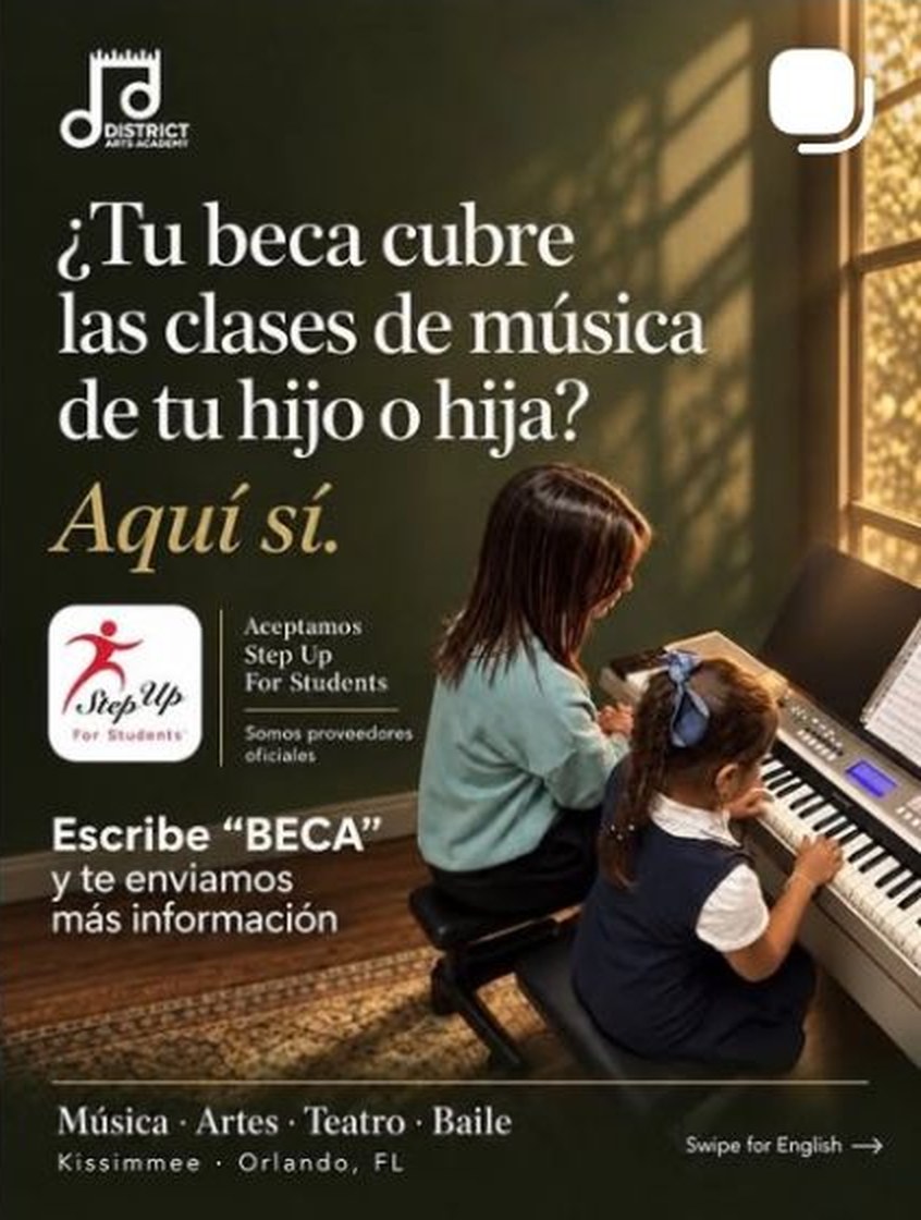 Instagram post for District Arts Academy answering whether a scholarship covers music classes, with a clear next step