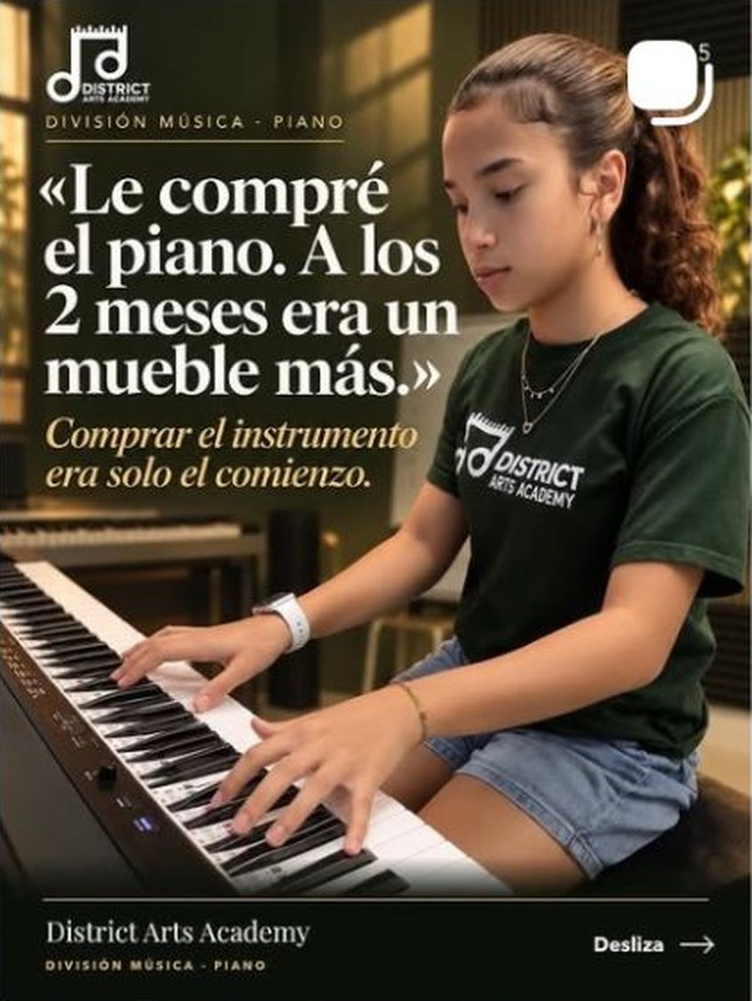 Instagram post for District Arts Academy answering the objection that a new piano ends up as furniture