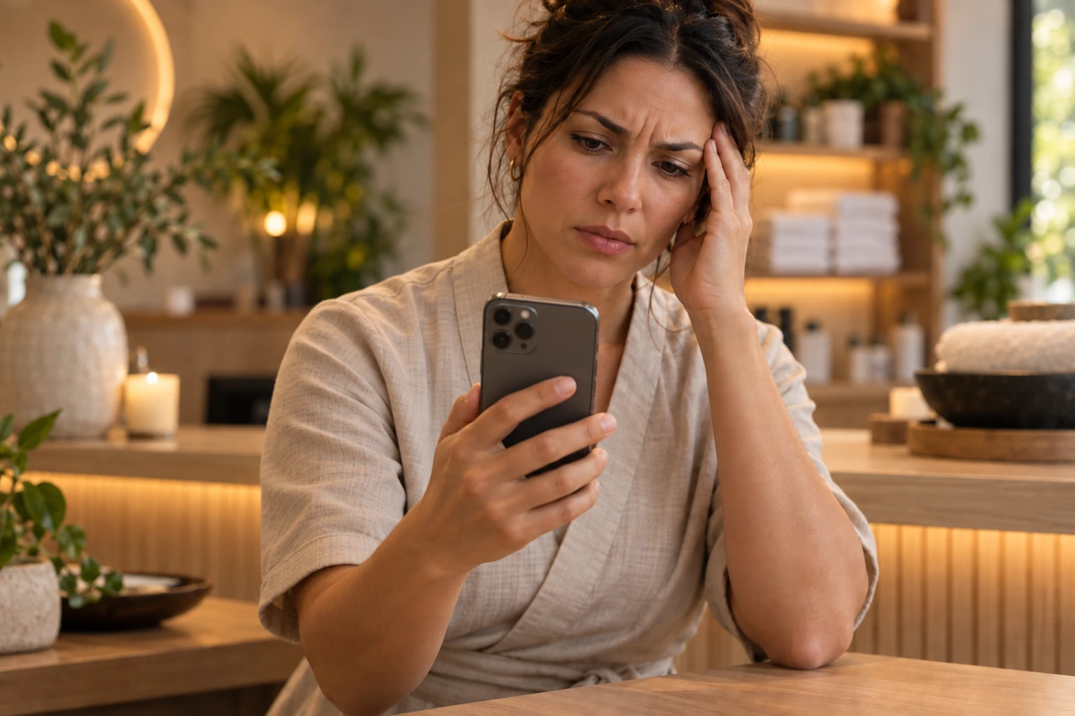 La dueña de un spa, preocupada, revisa su teléfono