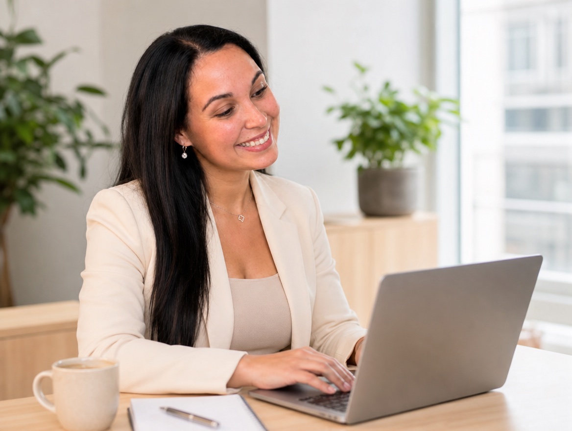 Veronica Araujo, a cargo de LinkedIn en Flowfy AI, trabajando en su laptop